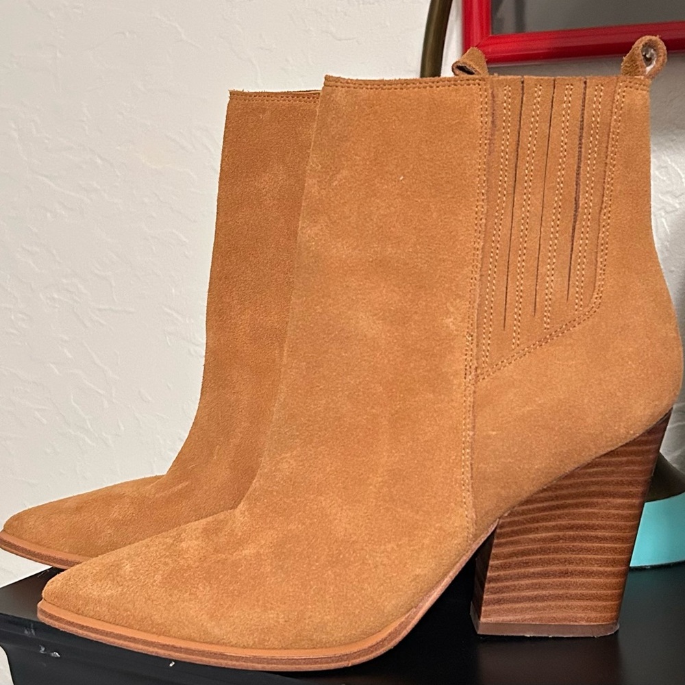 Marc Fisher Suede Tan Women's Ankle Booties - Classic Block Heel